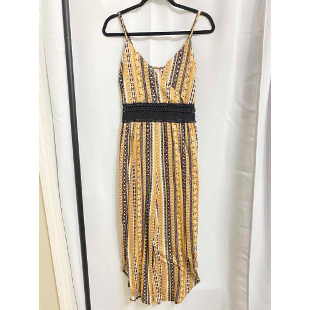 No Boundaries Striped Yellow & Black Wide-Leg Jumpsuit Size Medium